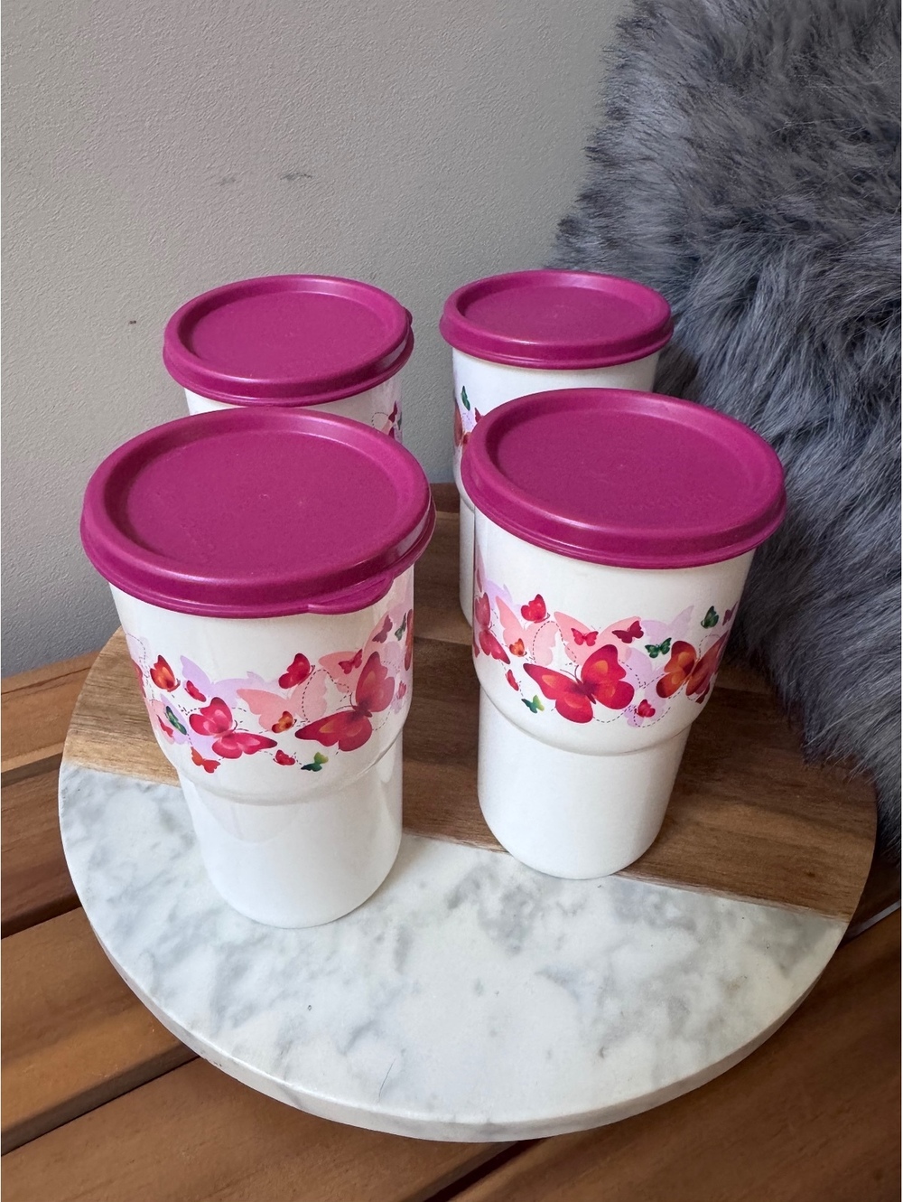 Vintage Tupperware Butterfly Tumblers Set of 4 with Magenta Lids Stackable White